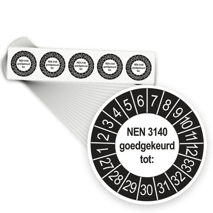 Keuringsstickers NEN 3140 Goedgekeurd tot 2027 | 1000 stuks, Ø 35 mm | Buiten Zwart - stapel stroken