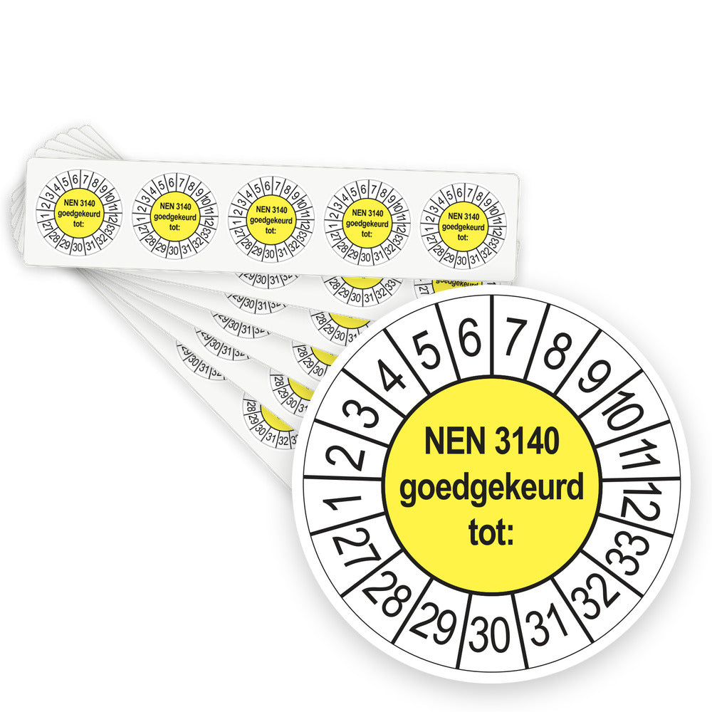 Keuringsstickers NEN 3140 Goedgekeurd tot 2027 | 100 stuks, Ø 35 mm | Geel - stapel stroken