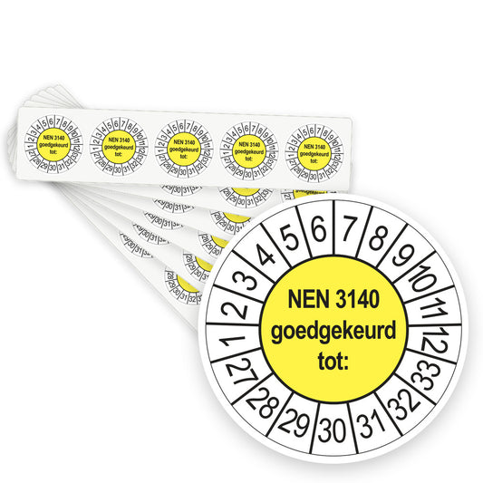 Keuringsstickers NEN 3140 Goedgekeurd tot 2027 | 100 stuks, Ø 35 mm | Geel - stapel stroken