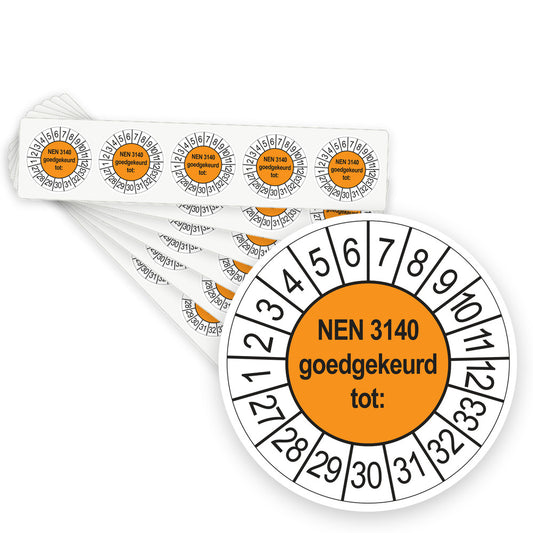 Keuringsstickers NEN 3140 Goedgekeurd tot 2027 | 100 stuks, Ø 35 mm | Oranje - stapel stroken