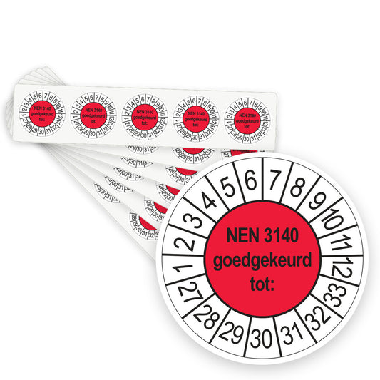 Keuringsstickers NEN 3140 Goedgekeurd tot 2027 | 100 stuks, Ø 35 mm | Rood - stapel stroken