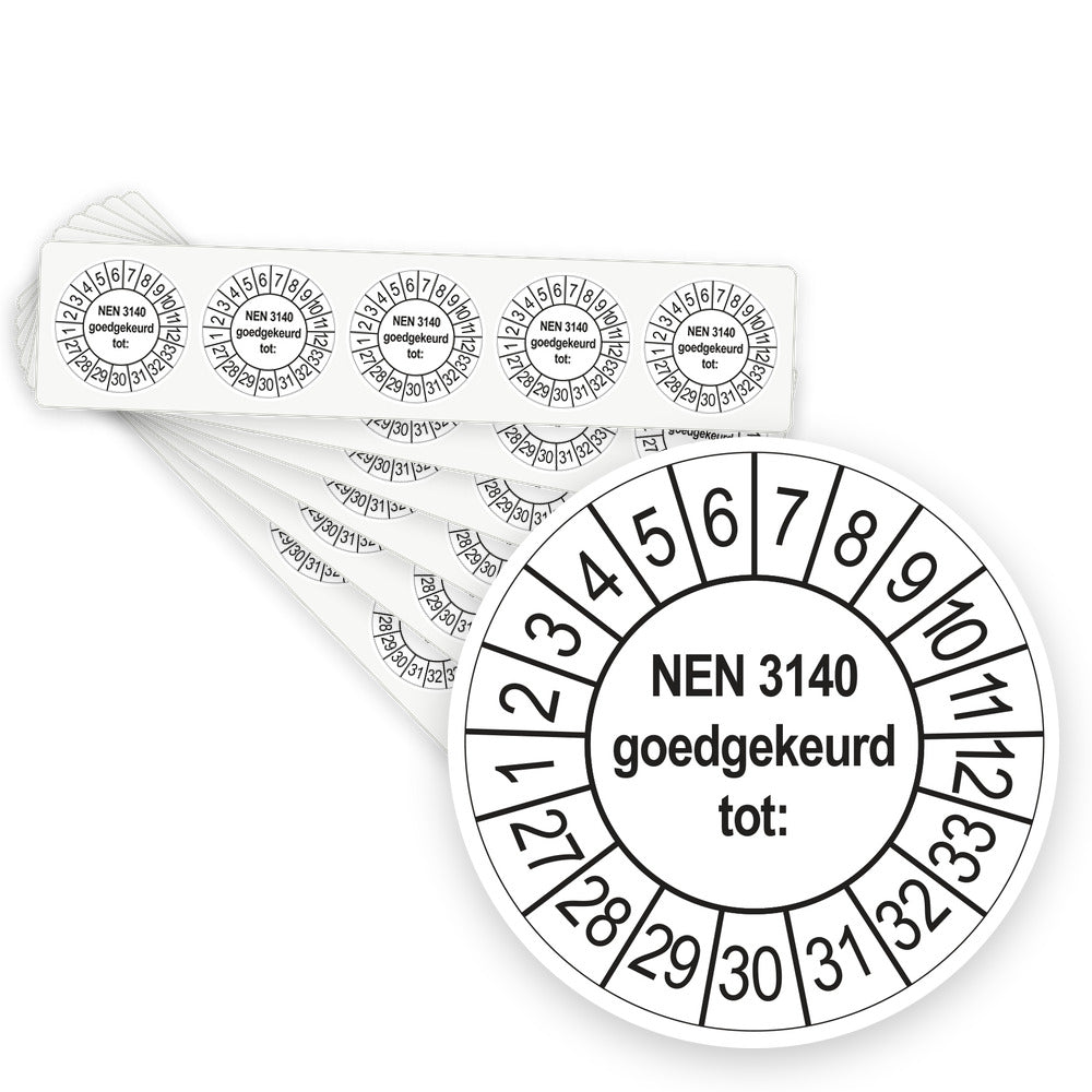 Keuringsstickers NEN 3140 Goedgekeurd tot 2027 | 100 stuks, Ø 35 mm | Wit - stapel stroken