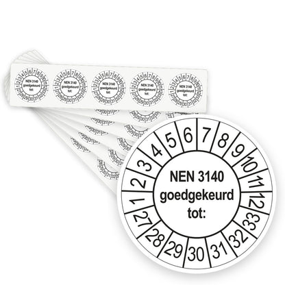 Keuringsstickers NEN 3140 Goedgekeurd tot 2027 | 100 stuks, Ø 35 mm | Wit - stapel stroken
