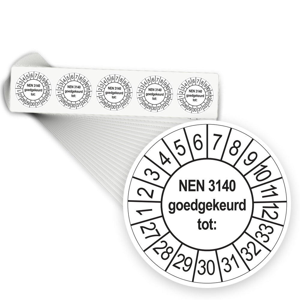 Keuringsstickers NEN 3140 Goedgekeurd tot 2027 | 1000 stuks, Ø 35 mm | Wit - stapel stroken
