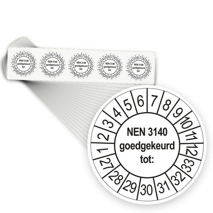 Keuringsstickers NEN 3140 Goedgekeurd tot 2027 | 1000 stuks, Ø 35 mm | Wit - stapel stroken