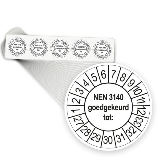 Keuringsstickers NEN 3140 Goedgekeurd tot 2027 | 1000 stuks, Ø 35 mm | Wit - stapel stroken