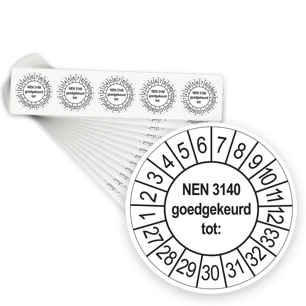 Keuringsstickers NEN 3140 Goedgekeurd tot 2027 | 500 stuks, Ø 35 mm | Wit - stapel stroken