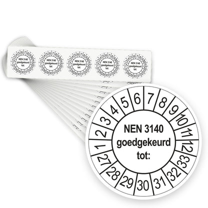 Keuringsstickers NEN 3140 Goedgekeurd tot 2027 | 500 stuks, Ø 35 mm | Wit - stapel stroken