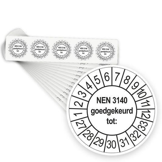 Keuringsstickers NEN 3140 Goedgekeurd tot 2027 | 500 stuks, Ø 35 mm | Wit - stapel stroken