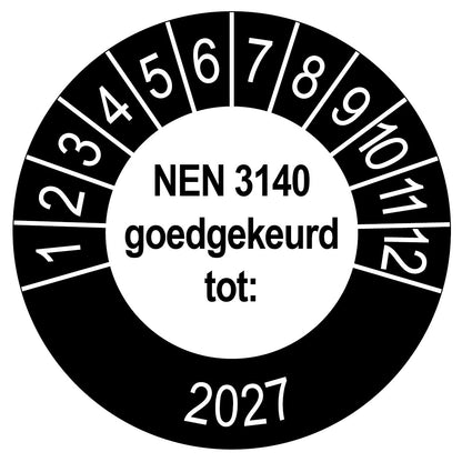 Keuringssticker NEN 3140 goedgekeurd tot 2027, rond 35 mm, wit met zwarte buitenrand