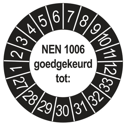 Keuringssticker NEN 1006 buiten zwart, Ø 35 mm