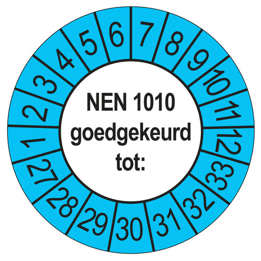 Keuringssticker NEN 1010 buiten blauw, Ø 35 mm