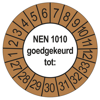 Keuringssticker NEN 1010 buiten bruin, Ø 35 mm