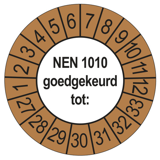 Keuringssticker NEN 1010 buiten bruin, Ø 35 mm