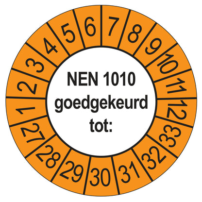 Keuringssticker NEN 1010 buiten oranje, Ø 35 mm