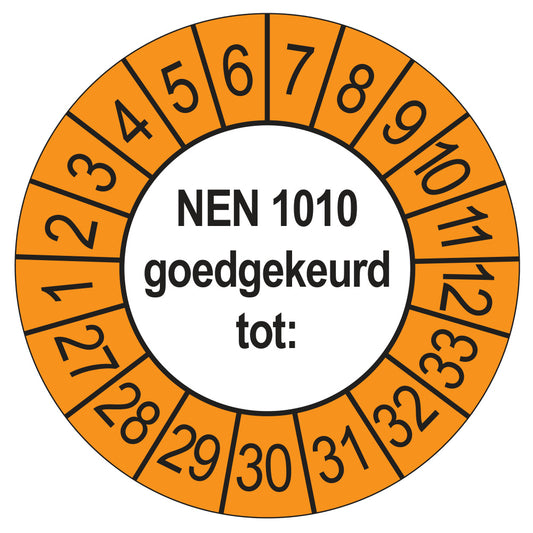 Keuringssticker NEN 1010 buiten oranje, Ø 35 mm