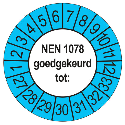 Keuringssticker NEN 1078 goedgekeurd tot, buiten blauw, Ø 35 mm
