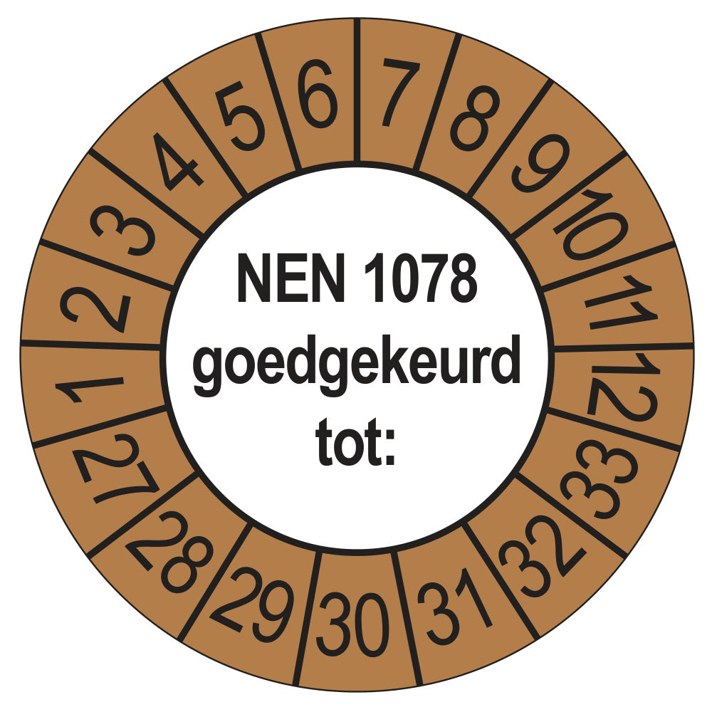 Keuringssticker NEN 1078 goedgekeurd tot, buiten bruin, Ø 35 mm