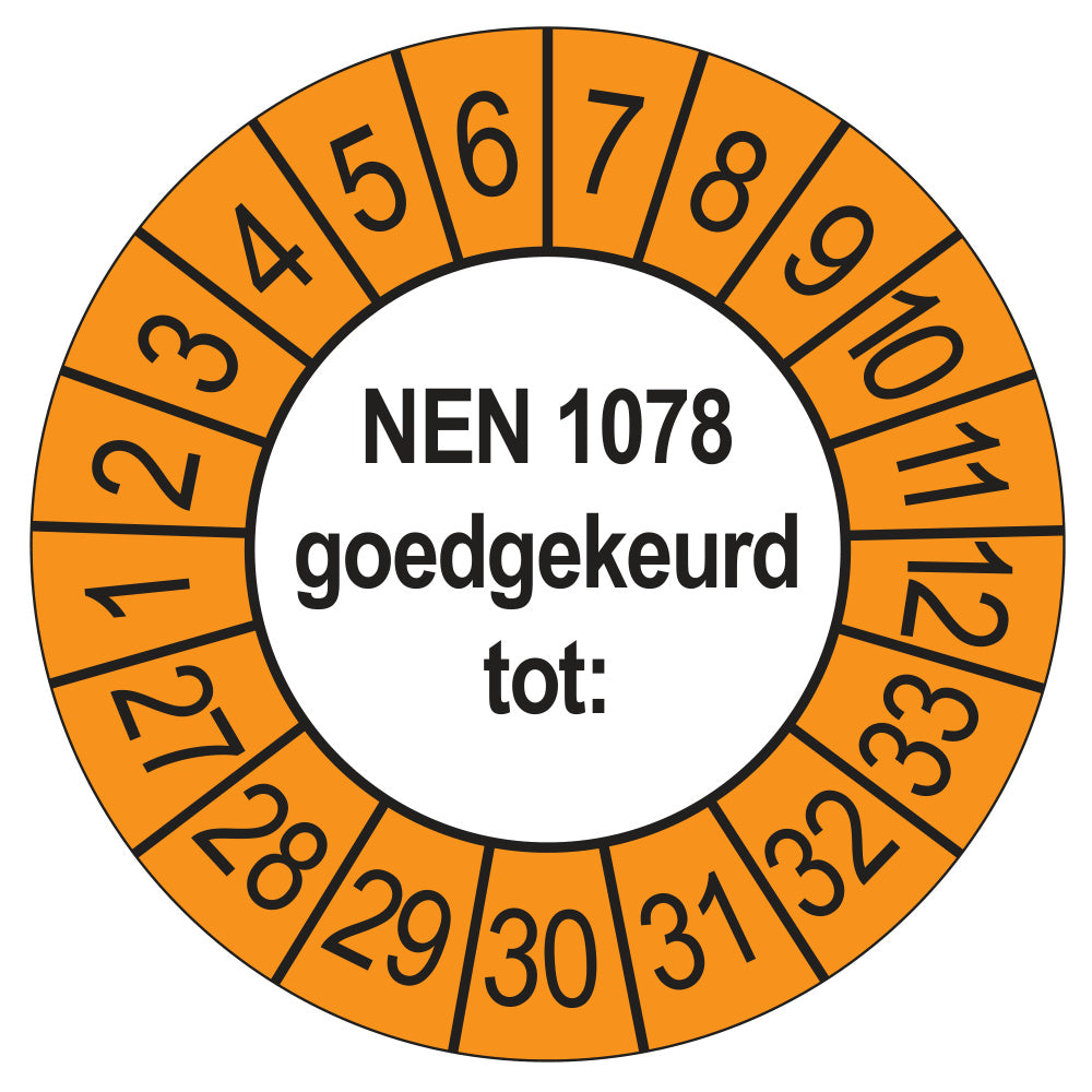 Keuringssticker NEN 1078 goedgekeurd tot, buiten oranje, Ø 35 mm