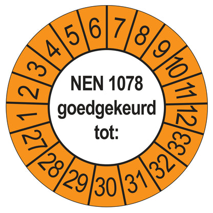 Keuringssticker NEN 1078 goedgekeurd tot, buiten oranje, Ø 35 mm