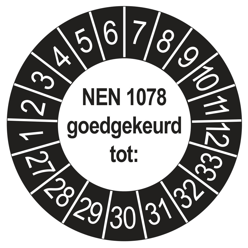 Keuringssticker NEN 1078 goedgekeurd tot, buiten zwart, Ø 35 mm