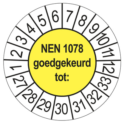 Keuringssticker NEN 1078 goedgekeurd tot, geel, Ø 35 mm