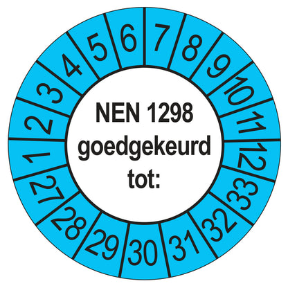 Keuringssticker NEN 1298 goedgekeurd tot, buiten blauw, Ø 35 mm