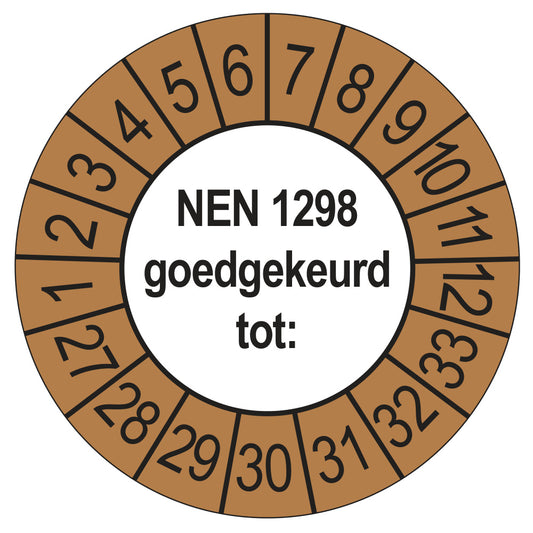 Keuringssticker NEN 1298 goedgekeurd tot, buiten bruin, Ø 35 mm