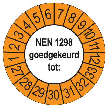 Keuringssticker NEN 1298 goedgekeurd tot, buiten oranje, Ø 35 mm