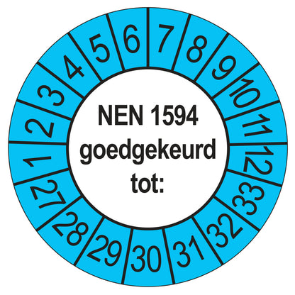 Keuringssticker NEN 1594 goedgekeurd tot, buiten blauw, Ø 35 mm