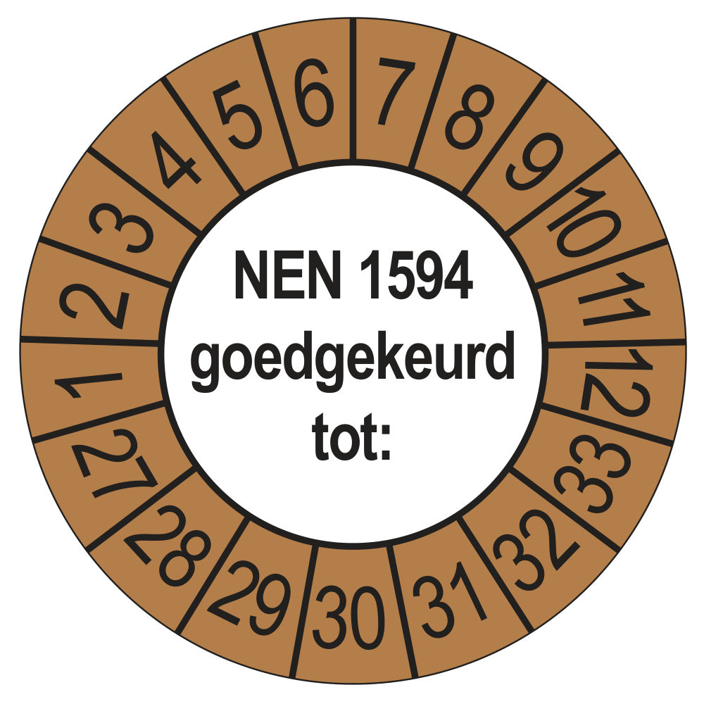 Keuringssticker NEN 1594 goedgekeurd tot, buiten bruin, Ø 35 mm