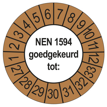 Keuringssticker NEN 1594 goedgekeurd tot, buiten bruin, Ø 35 mm