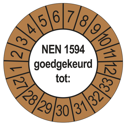 Keuringssticker NEN 1594 goedgekeurd tot, buiten bruin, Ø 35 mm