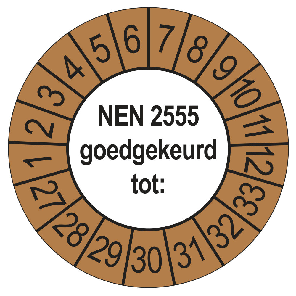 Keuringssticker NEN 2555 buiten bruin, rond 35 mm