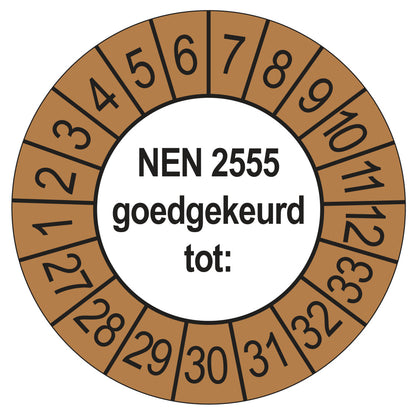 Keuringssticker NEN 2555 buiten bruin, rond 35 mm