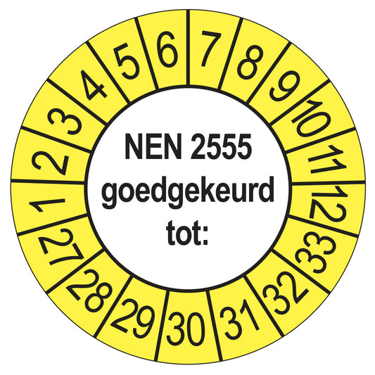 Keuringssticker NEN 2555 buiten geel, rond 35 mm