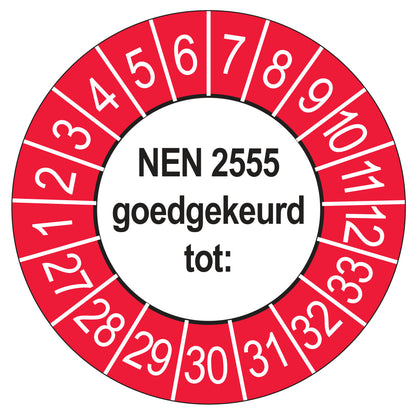 Keuringssticker NEN 2555 buiten rood, rond 35 mm
