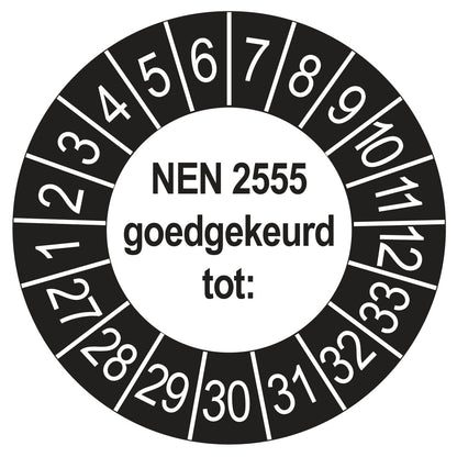 Keuringssticker NEN 2555 buiten zwart, rond 35 mm
