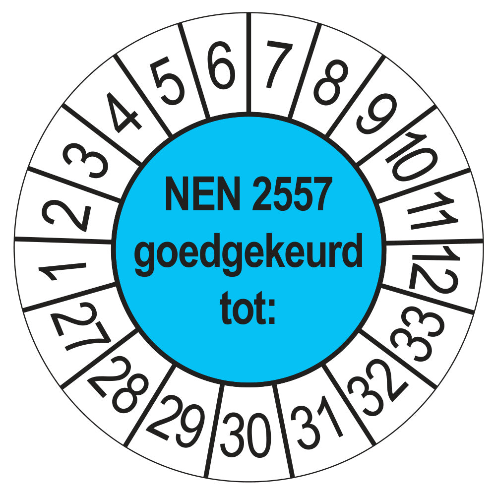 Keuringssticker NEN 2557 goedgekeurd tot, blauw, Ø 35 mm