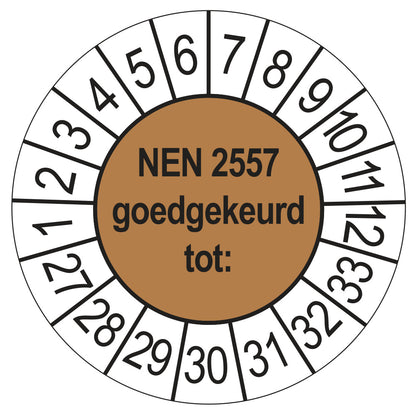 Keuringssticker NEN 2557 goedgekeurd tot, bruin, Ø 35 mm