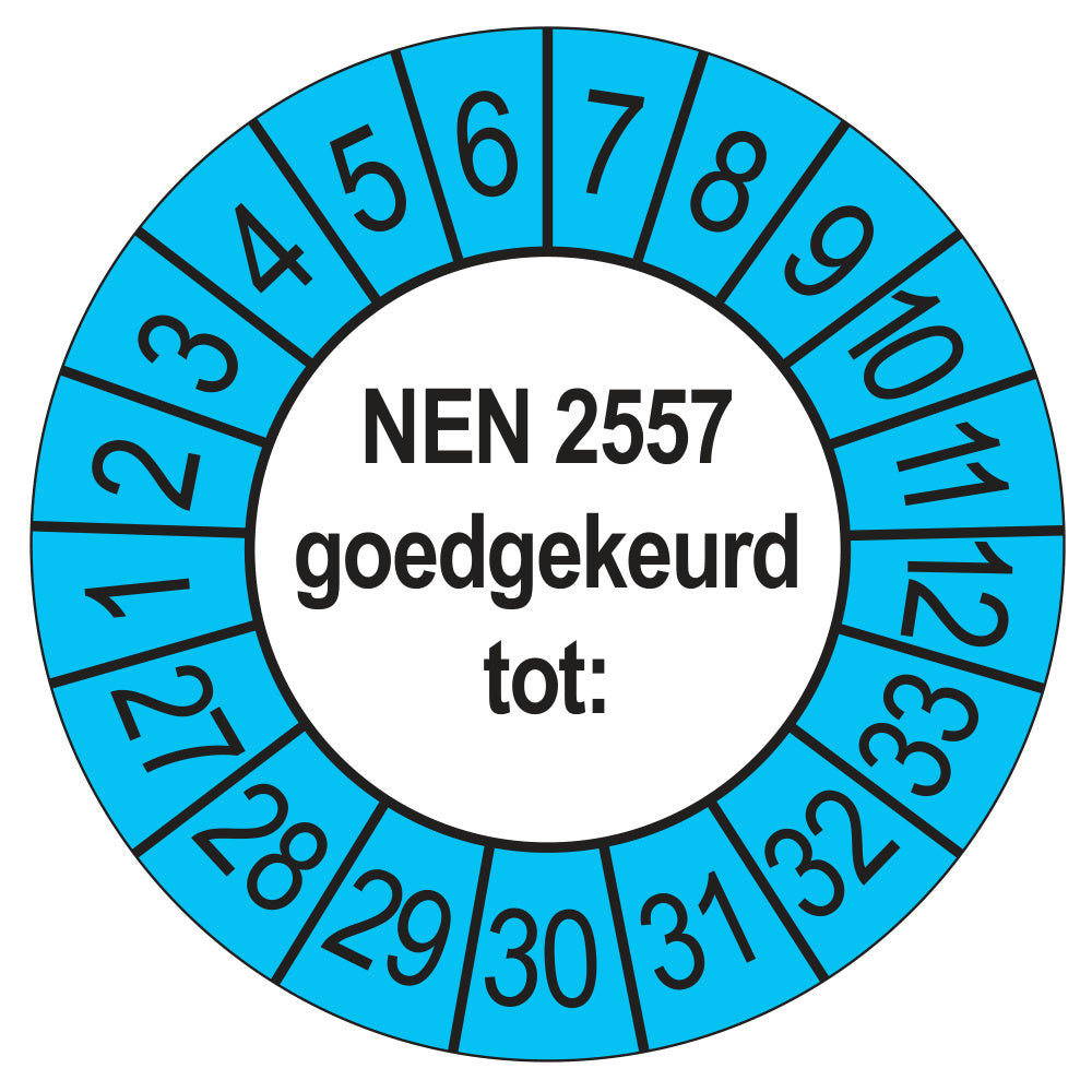 Keuringssticker NEN 2557 goedgekeurd tot, buiten blauw, Ø 35 mm