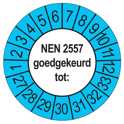 Keuringssticker NEN 2557 goedgekeurd tot, buiten blauw, Ø 35 mm