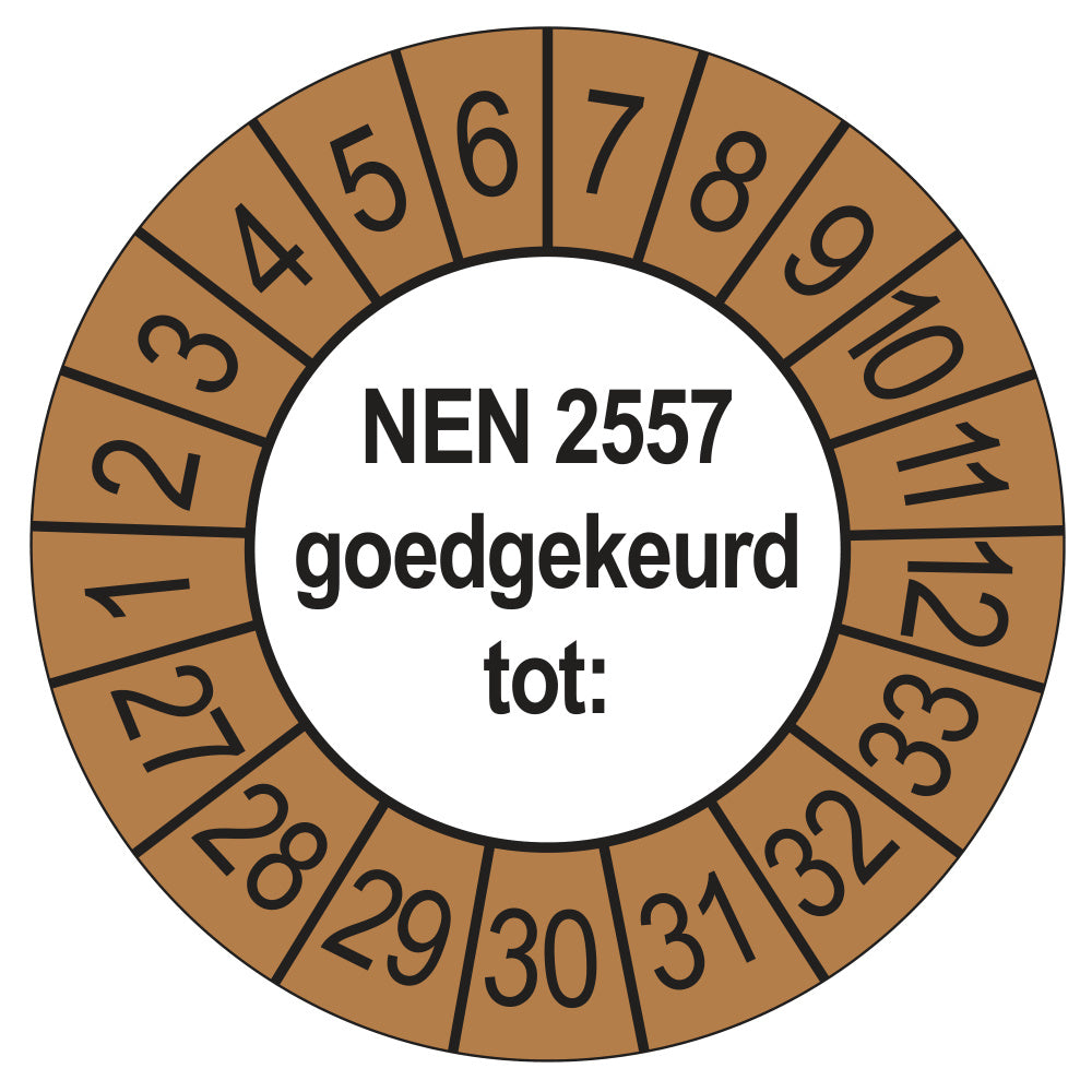 Keuringssticker NEN 2557 goedgekeurd tot, buiten bruin, Ø 35 mm