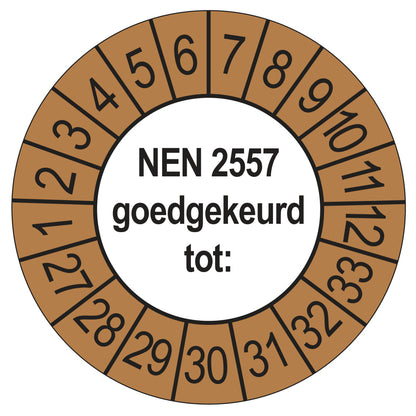 Keuringssticker NEN 2557 goedgekeurd tot, buiten bruin, Ø 35 mm