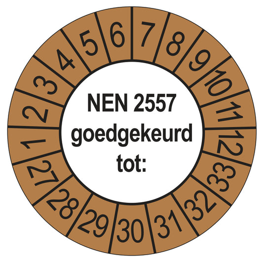 Keuringssticker NEN 2557 goedgekeurd tot, buiten bruin, Ø 35 mm