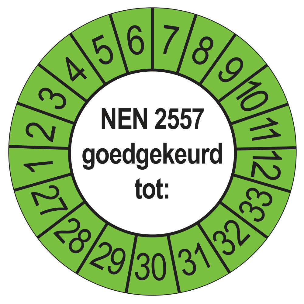Keuringssticker NEN 2557 goedgekeurd tot, buiten groen, Ø 35 mm
