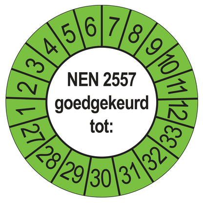 Keuringssticker NEN 2557 goedgekeurd tot, buiten groen, Ø 35 mm