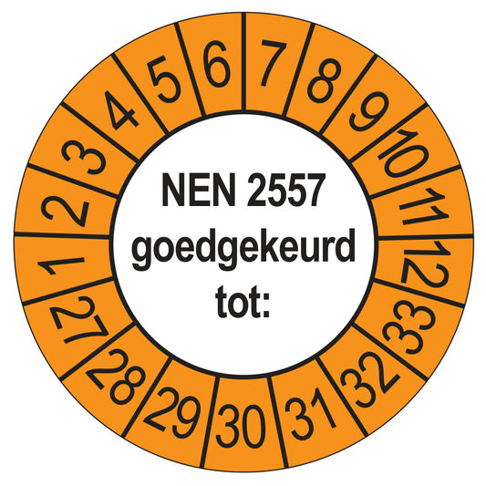 Keuringssticker NEN 2557 goedgekeurd tot, buiten oranje, Ø 35 mm