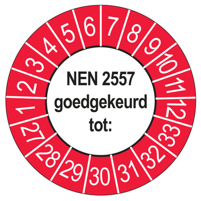 Keuringssticker NEN 2557 goedgekeurd tot, buiten rood, Ø 35 mm