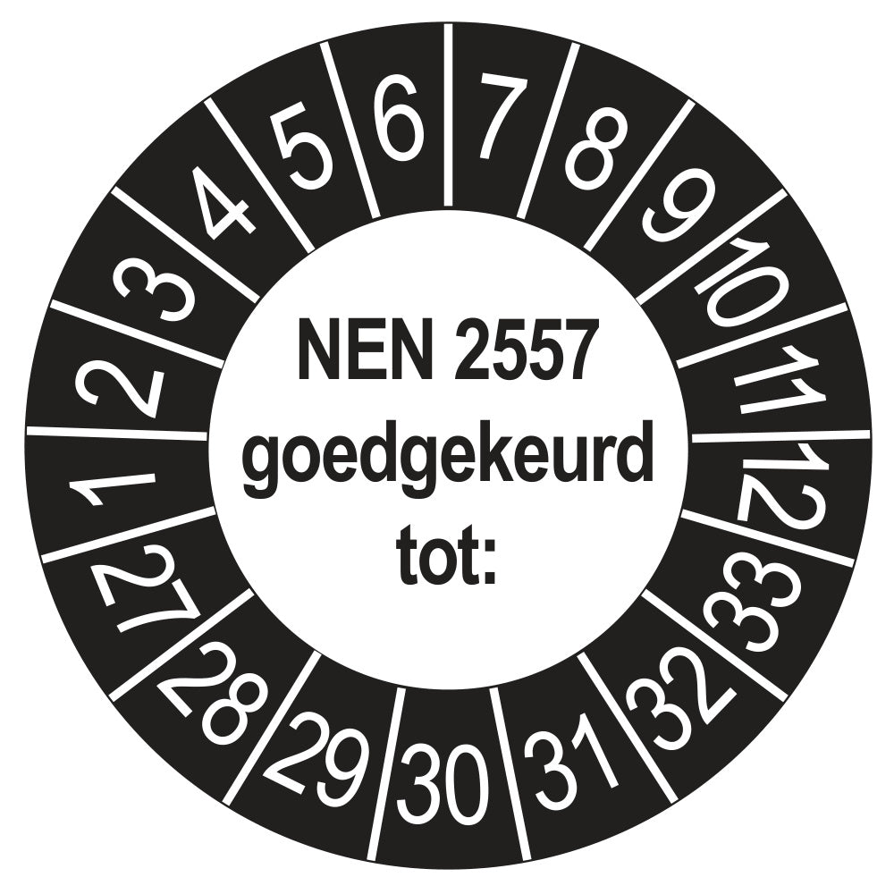 Keuringssticker NEN 2557 goedgekeurd tot, buiten zwart, Ø 35 mm